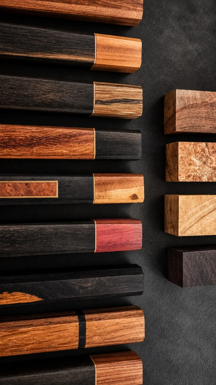 Collection of dark wooden knife handles with contrasting ferrules and intricate inlay