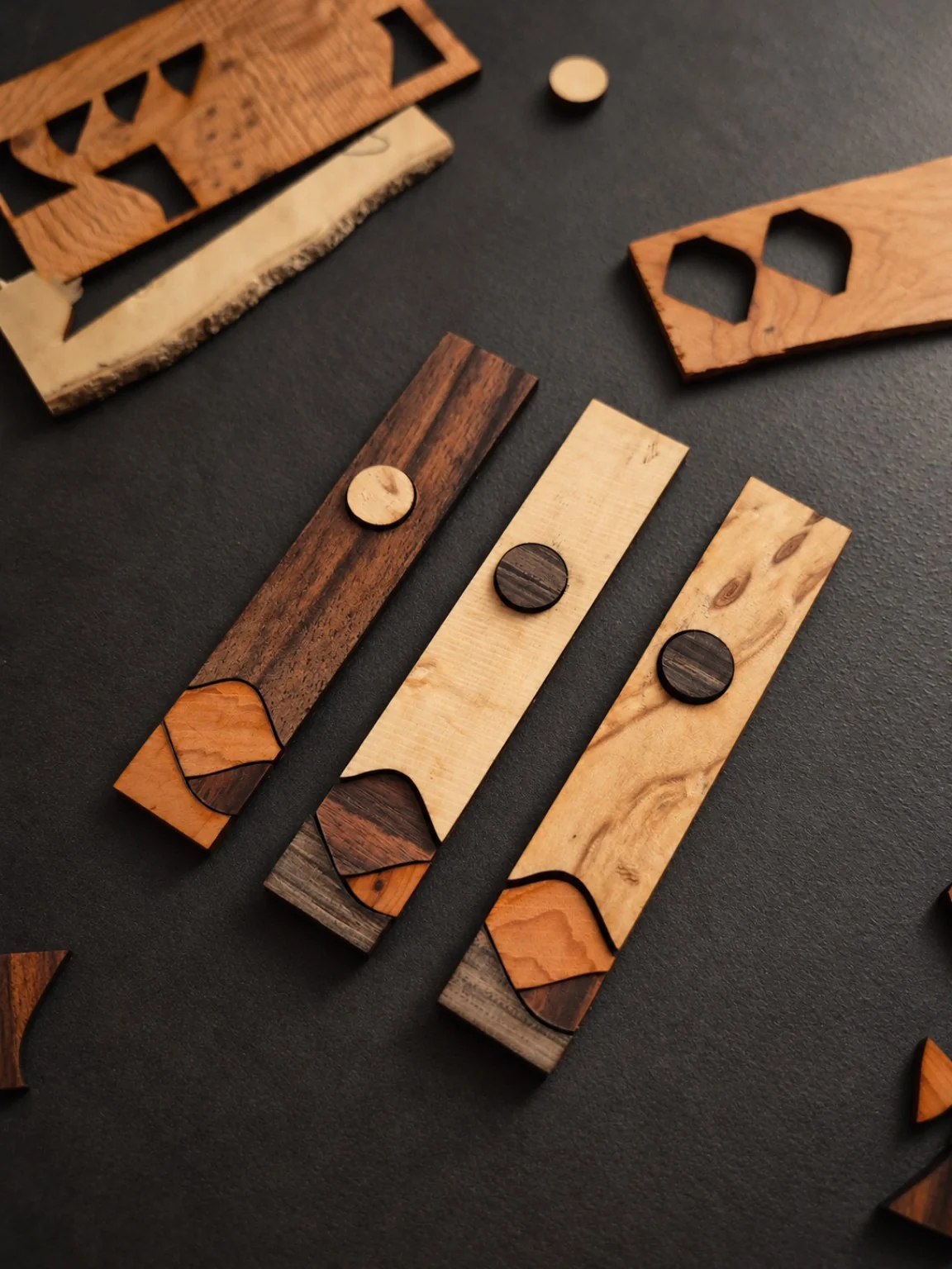 Three experimental wooden inlay compositions and small precision cut pieces