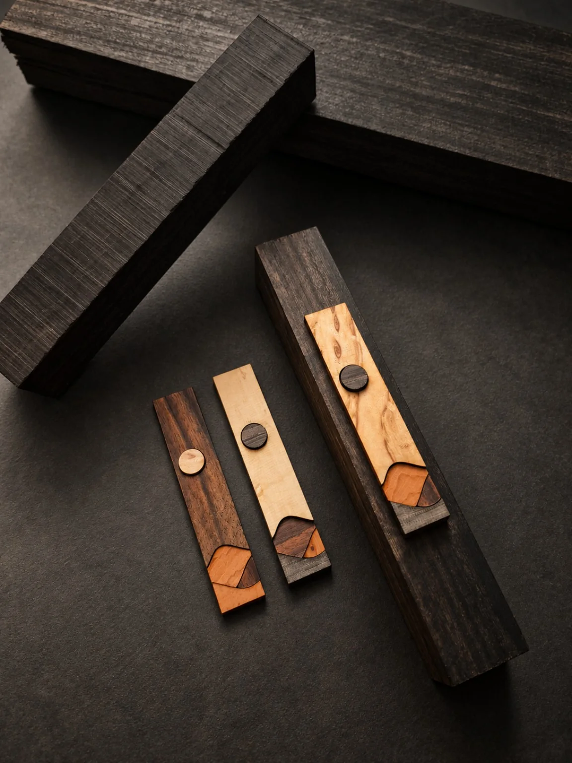 Handmade geometric wooden inlay studies displayed on contrasting timber blanks.