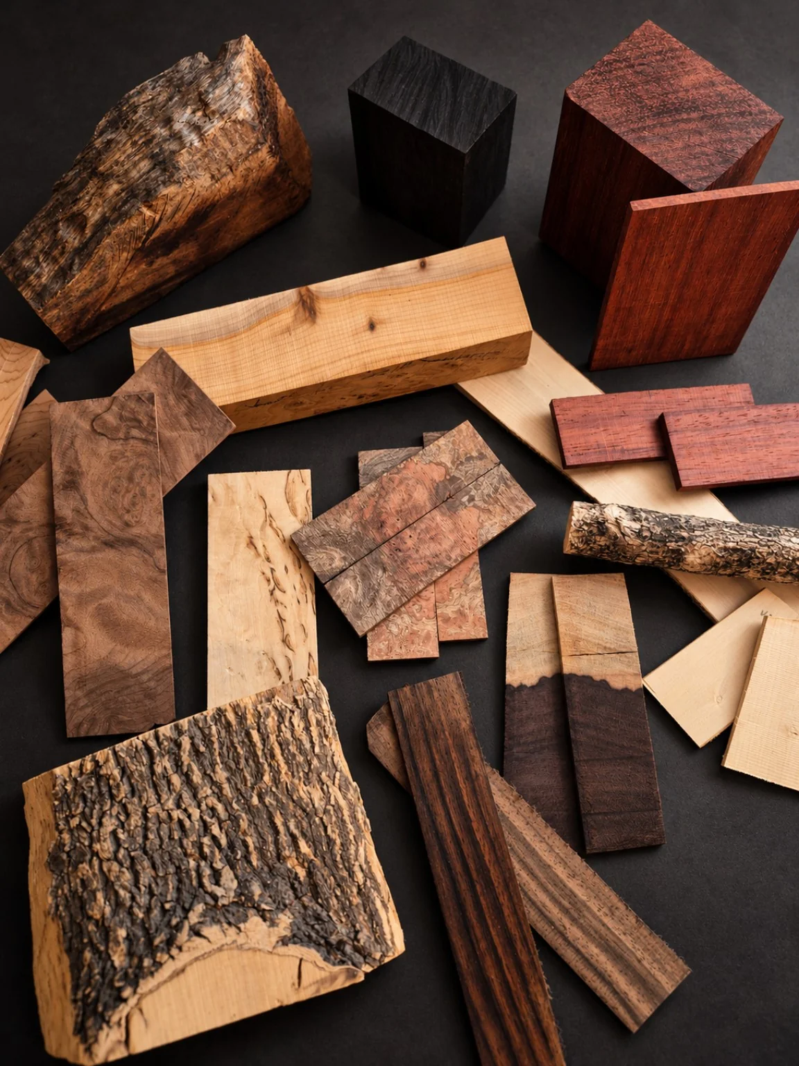 Curated selection of raw timbers including contrasting light, dark, red and figured wood blanks